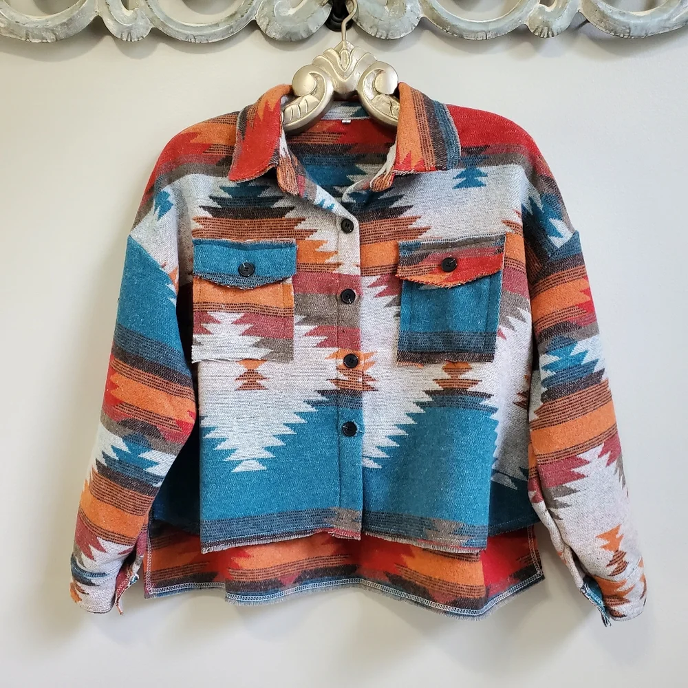 New Western Farmhouse Distressed Flannel Jacket Coat Shacket Button Top Blue Red - Picture 3 of 11